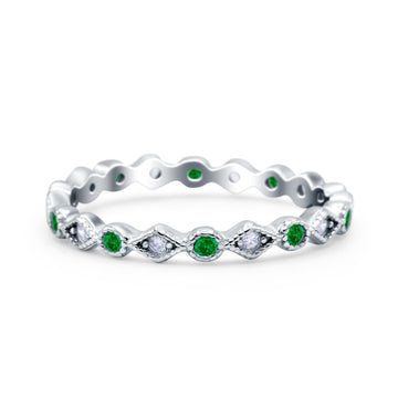 Full Eternity Stackable Ring Wedding Band Round Simulated Green Emerald CZ 925 Sterling Silver (3mm)